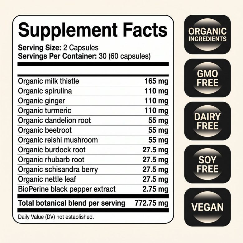 Supplement Facts: 12 botanicals, 772.75 mg per 2-capsule serving