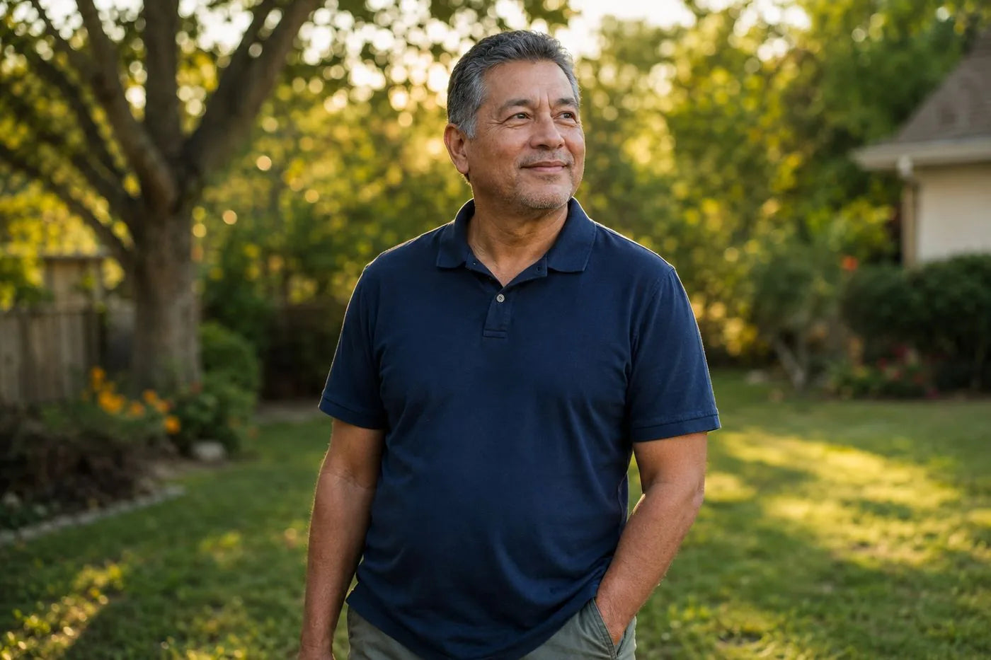 Mark Tobin, 53, standing in his backyard at golden hour