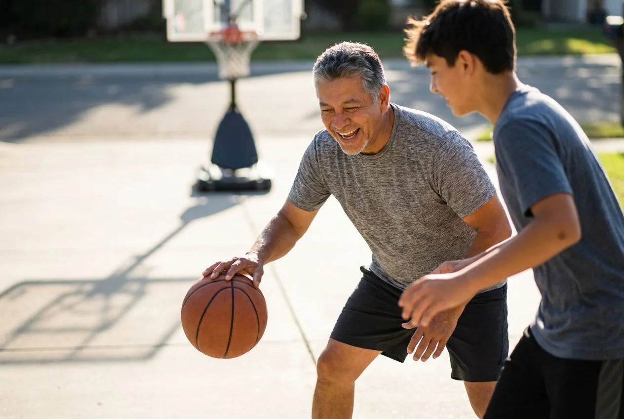 Mark playing driveway basketball with his son, week four
