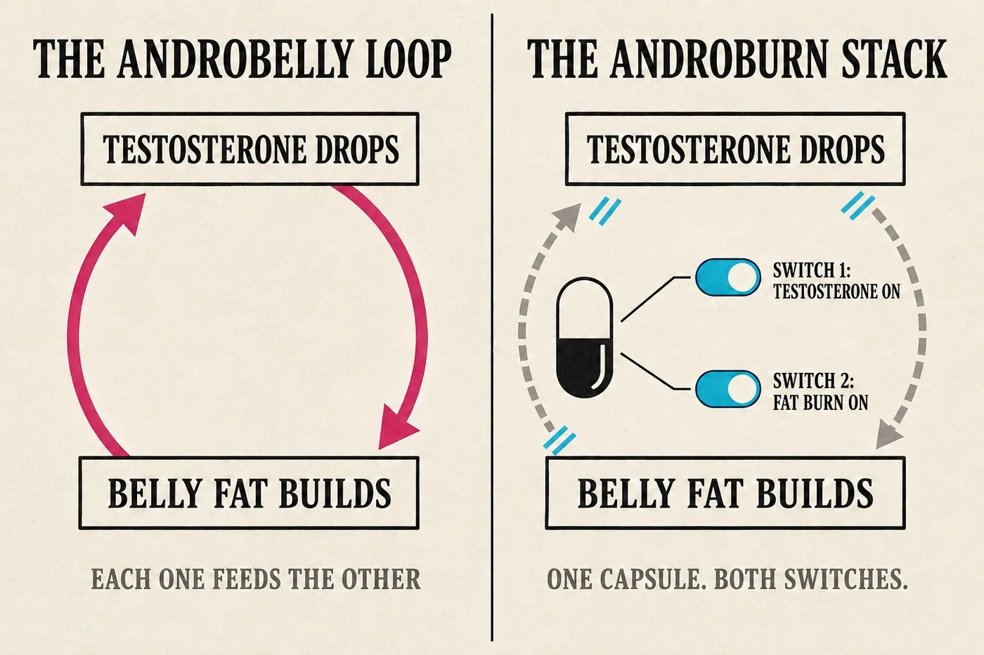 Two-panel diagram: the androbelly loop, where dropping testosterone and building belly fat feed each other; and the androburn stack, one capsule flipping two switches (testosterone on, fat burn on) that sever the loop