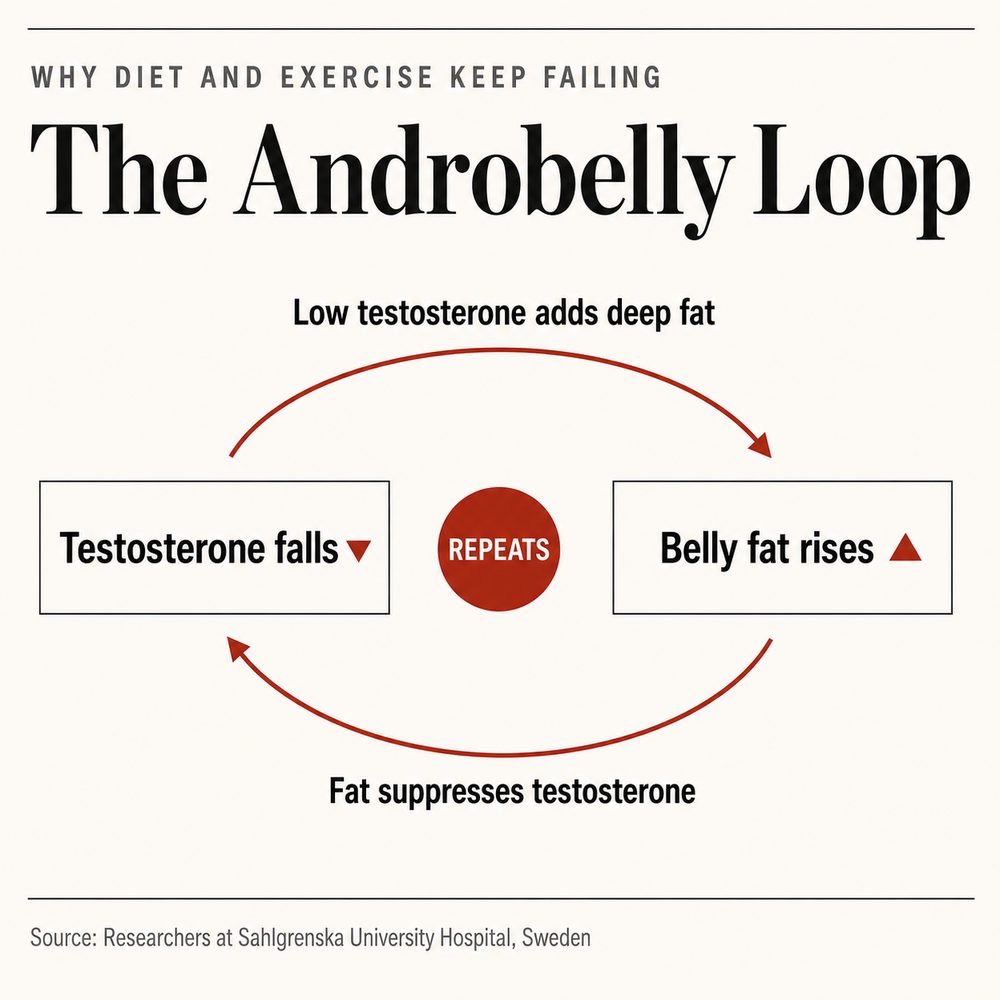 Figure 1, the androbelly loop: hormonally active fat suppresses testosterone, and lower testosterone stores more visceral fat, a self-reinforcing cycle described by researchers at Sahlgrenska University Hospital