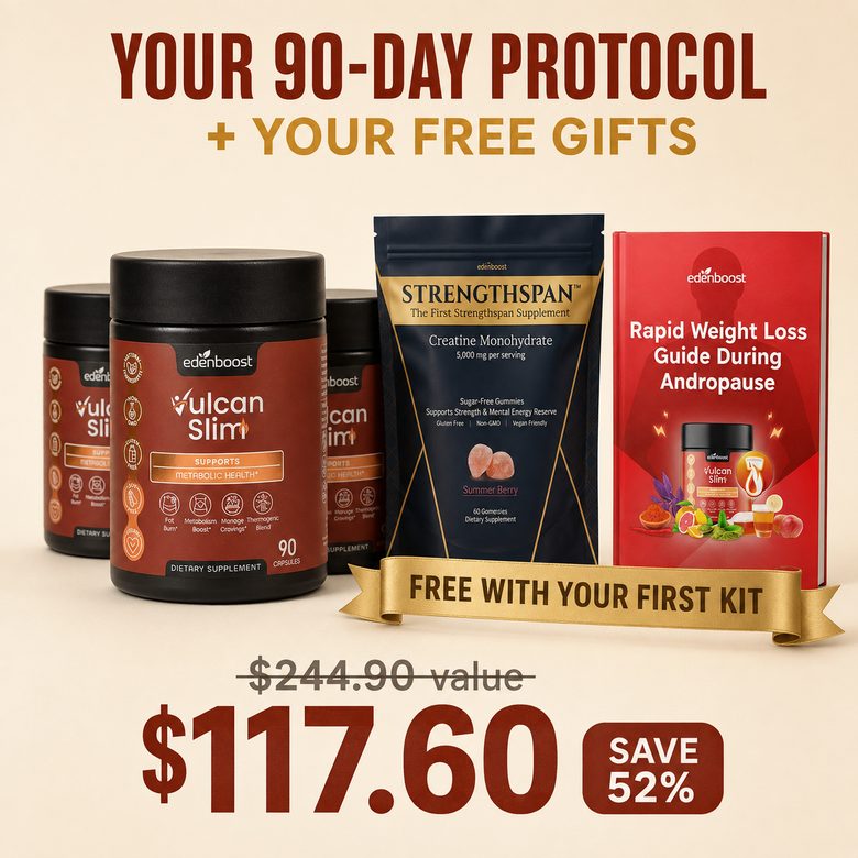 Your 90-day Protocol plus your free gifts: 3 jars of VulcanSlim, the Strengthspan pouch and the andropause guide — $244.90 value for $117.60, save 52%