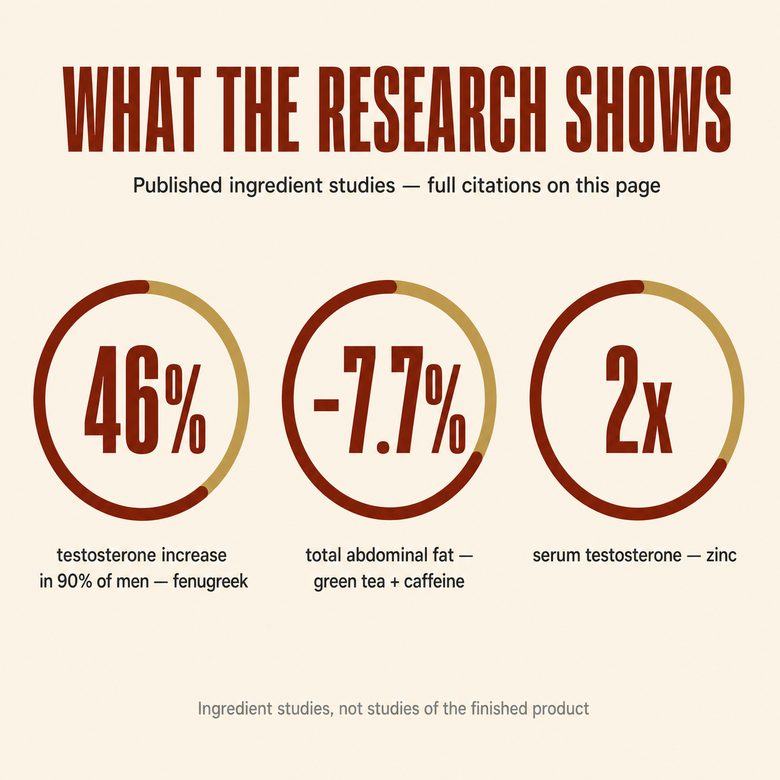 What the research shows: 46% testosterone increase in 90% of men (fenugreek), minus 7.7% total abdominal fat (green tea plus caffeine), 2x serum testosterone (zinc) — published ingredient studies