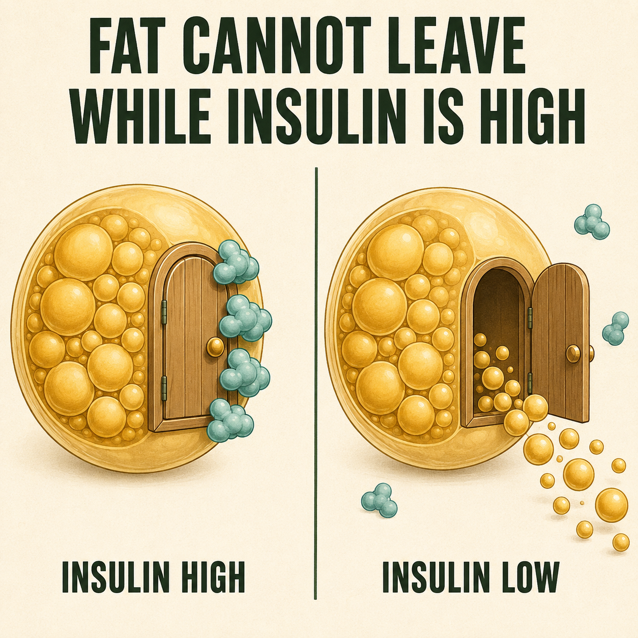 While insulin is high, fat cannot leave the fat cell