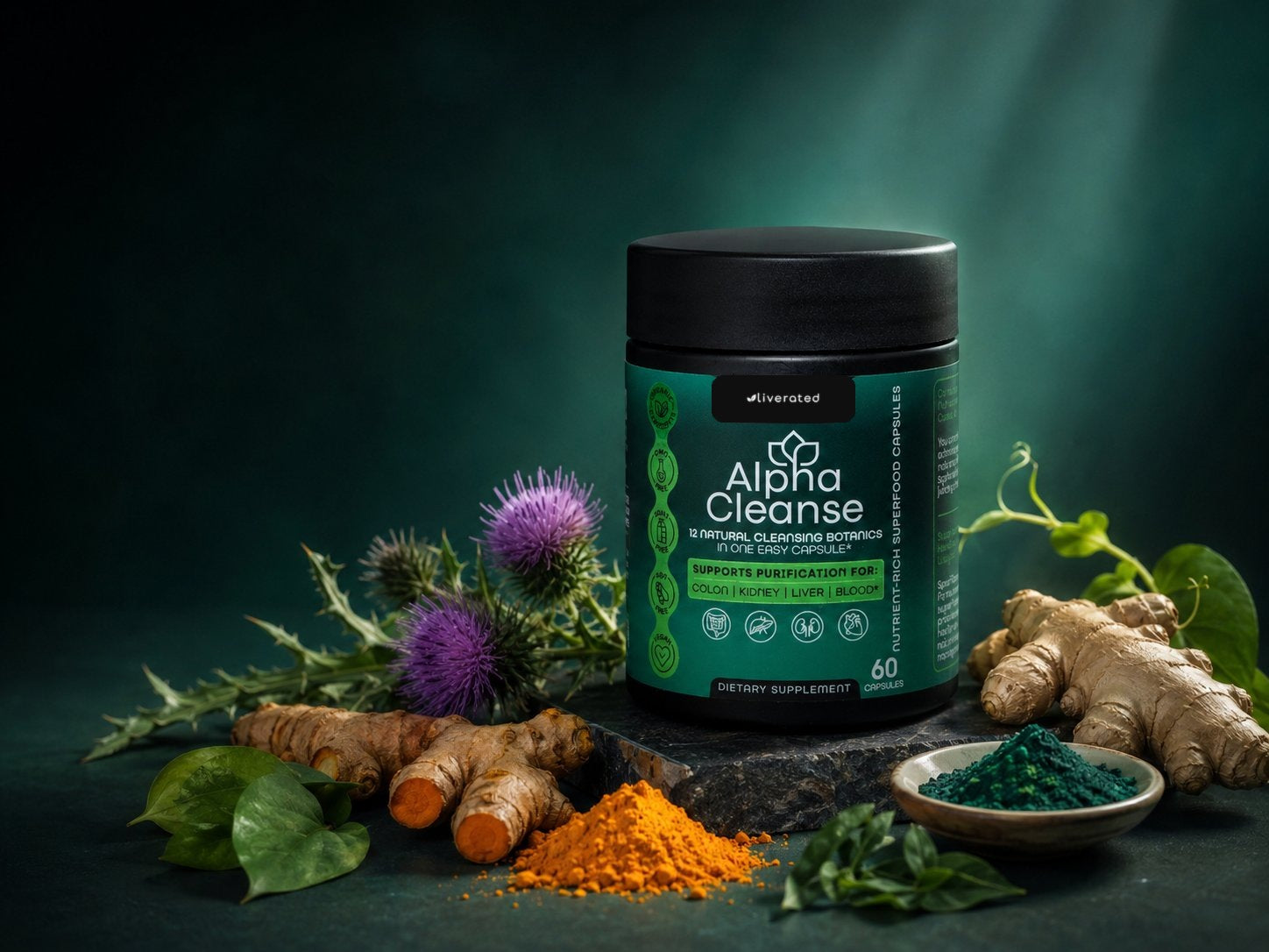 AlphaCleanse bottle with milk thistle, turmeric, ginger and spirulina in a studio setting