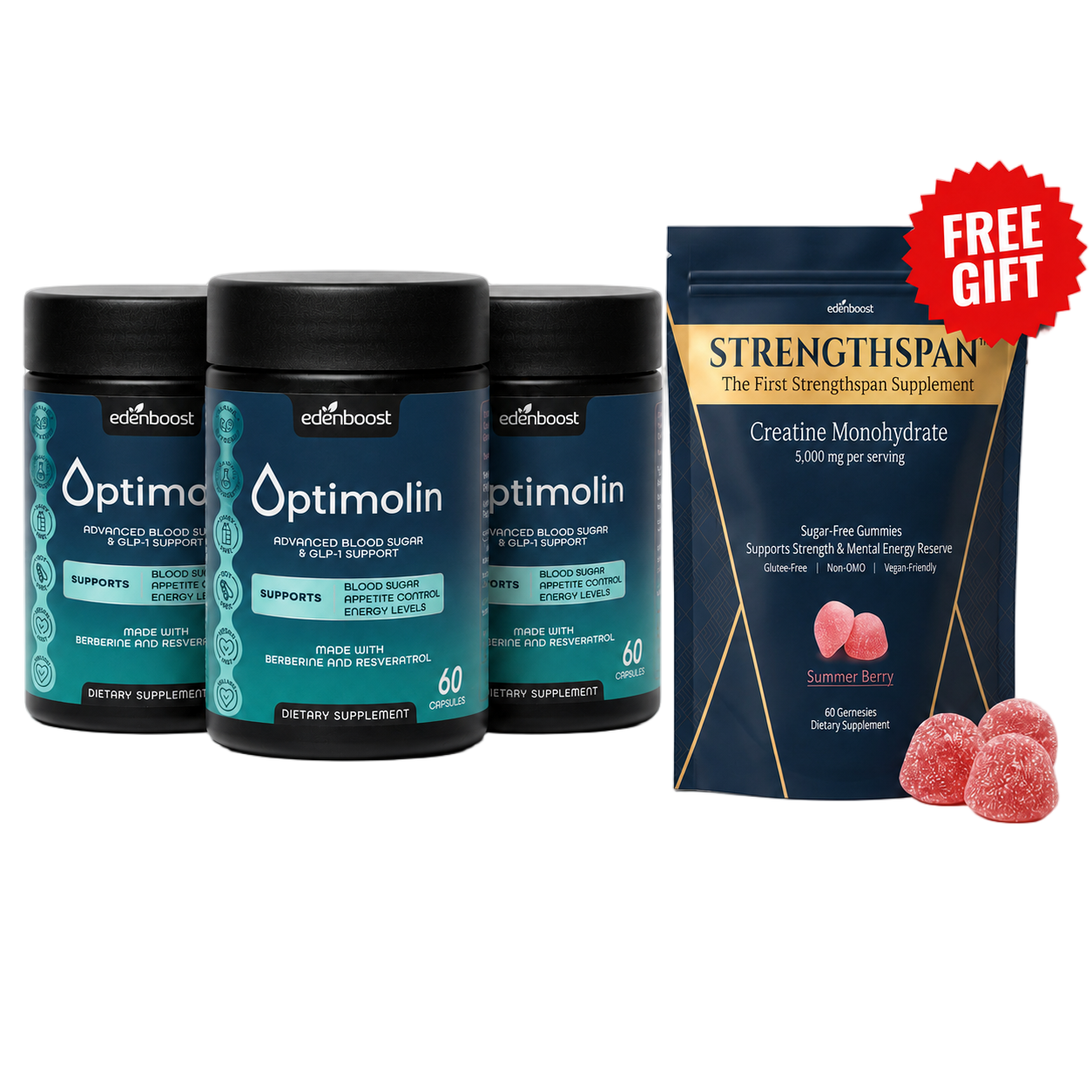 Optimolin 3 bottles with free StrengthSpan gummies