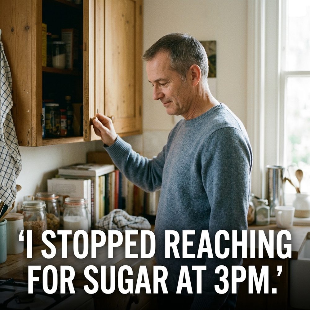 A person in their 50s at the kitchen table after a blood sugar wake-up call