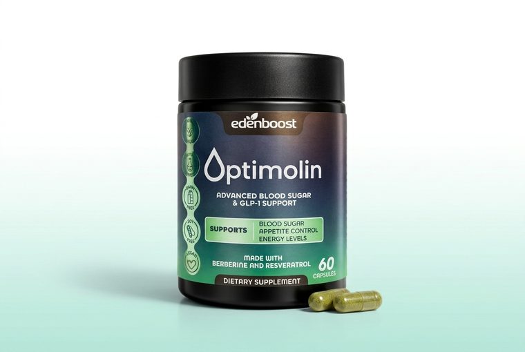 Optimolin bottle, the 8-botanical Upstream Formula for PCOS metabolic support, held in a woman's hand
