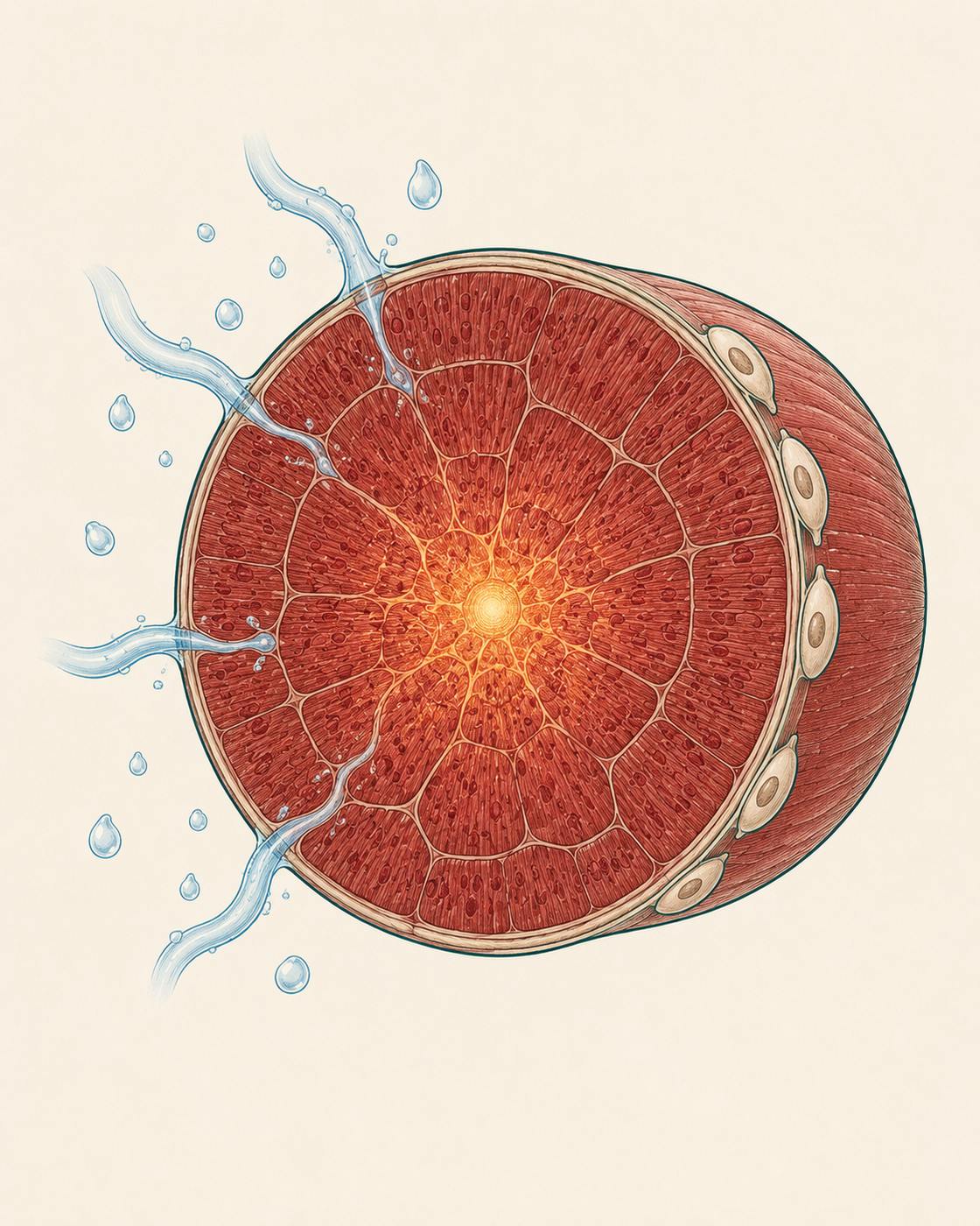 Illustration: a single muscle fiber in cross-section with the 3 ways creatine works marked on it, refueling the engine, rehydrating the cell, reactivating the repair crew