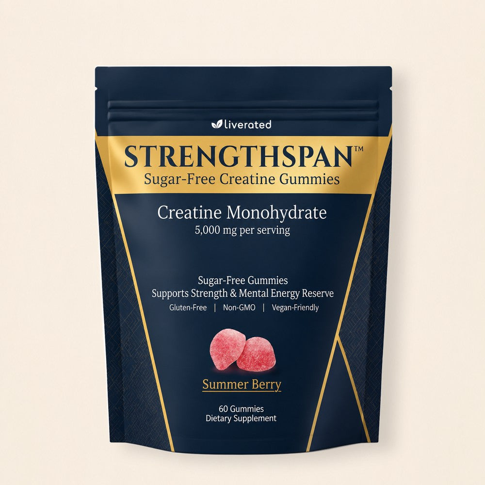 The full StrengthSpan pouch of sugar-free creatine gummies standing upright, front of pack showing Creatine Monohydrate at 5,000 mg per serving