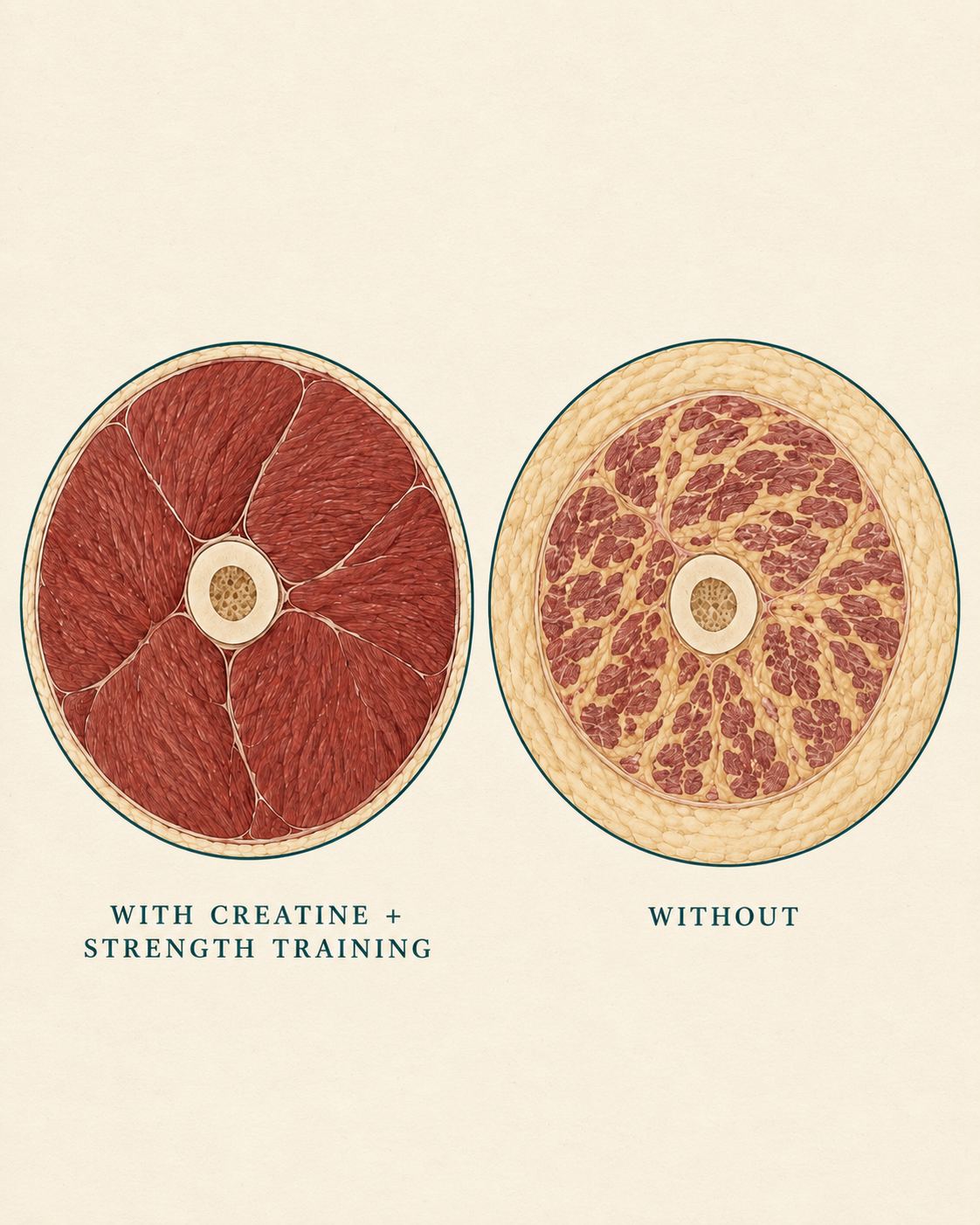 Illustration: 2 thigh muscle cross-sections side by side, one dense and lean, one threaded with fat and ringed by a thick pale layer
