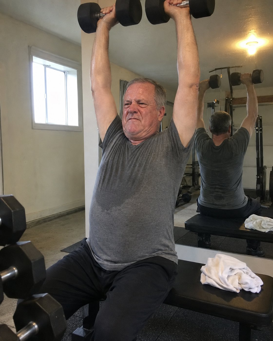 Illustration: a man in his late 50s on a flat gym bench pressing 2 dumbbells overhead with visible strain, sweat-darkened shirt, working hard with no results to show