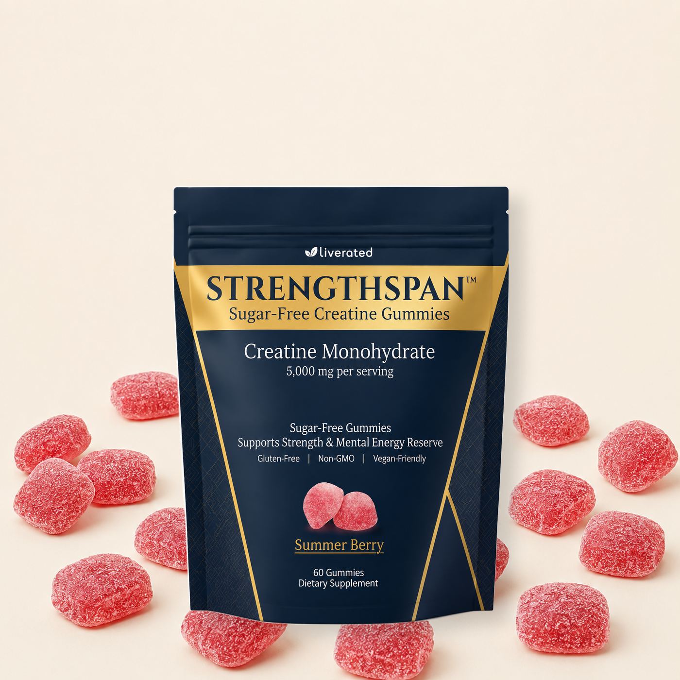 StrengthSpan sugar-free creatine gummy bag centered on a seamless studio ground with Summer Berry gummies scattered at the base