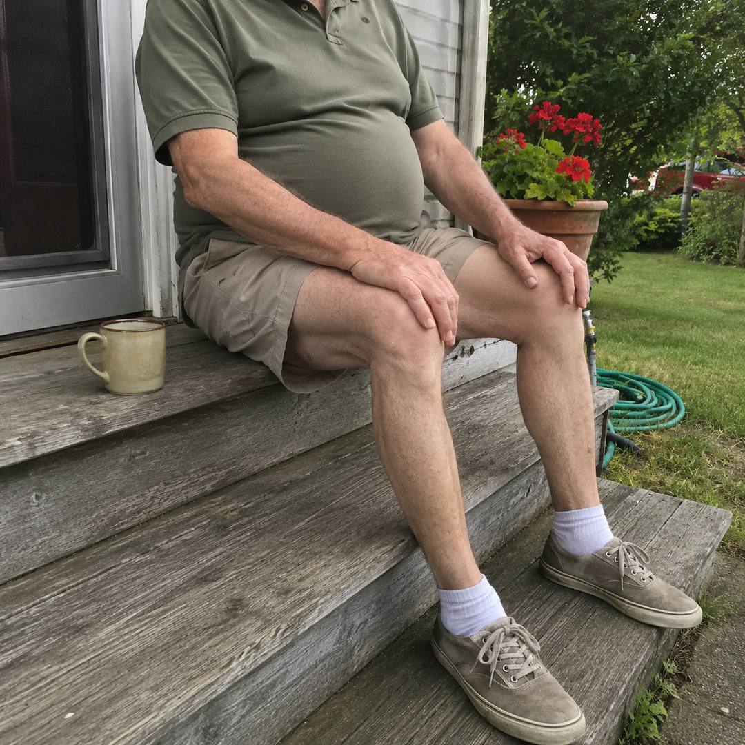 Photograph: a man around 60 sitting on a porch step in shorts, thin lower legs under a fuller middle, face out of frame