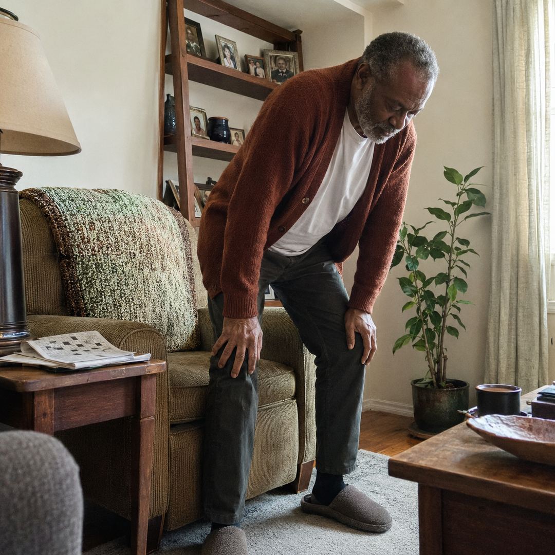 Photograph: a man in his 60s pushing off both knees with his hands to stand up out of a living-room armchair