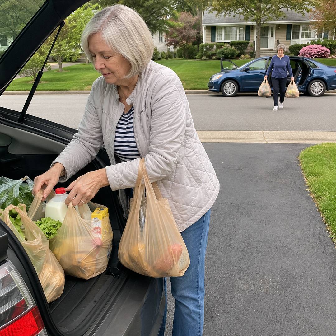 Photograph: a woman in her 60s loading grocery bags from a car boot, a second trip already walking up behind her