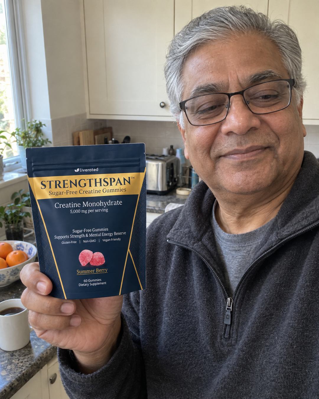 Photograph: a man in a charcoal fleece holding a StrengthSpan pouch out toward the camera at his kitchen counter