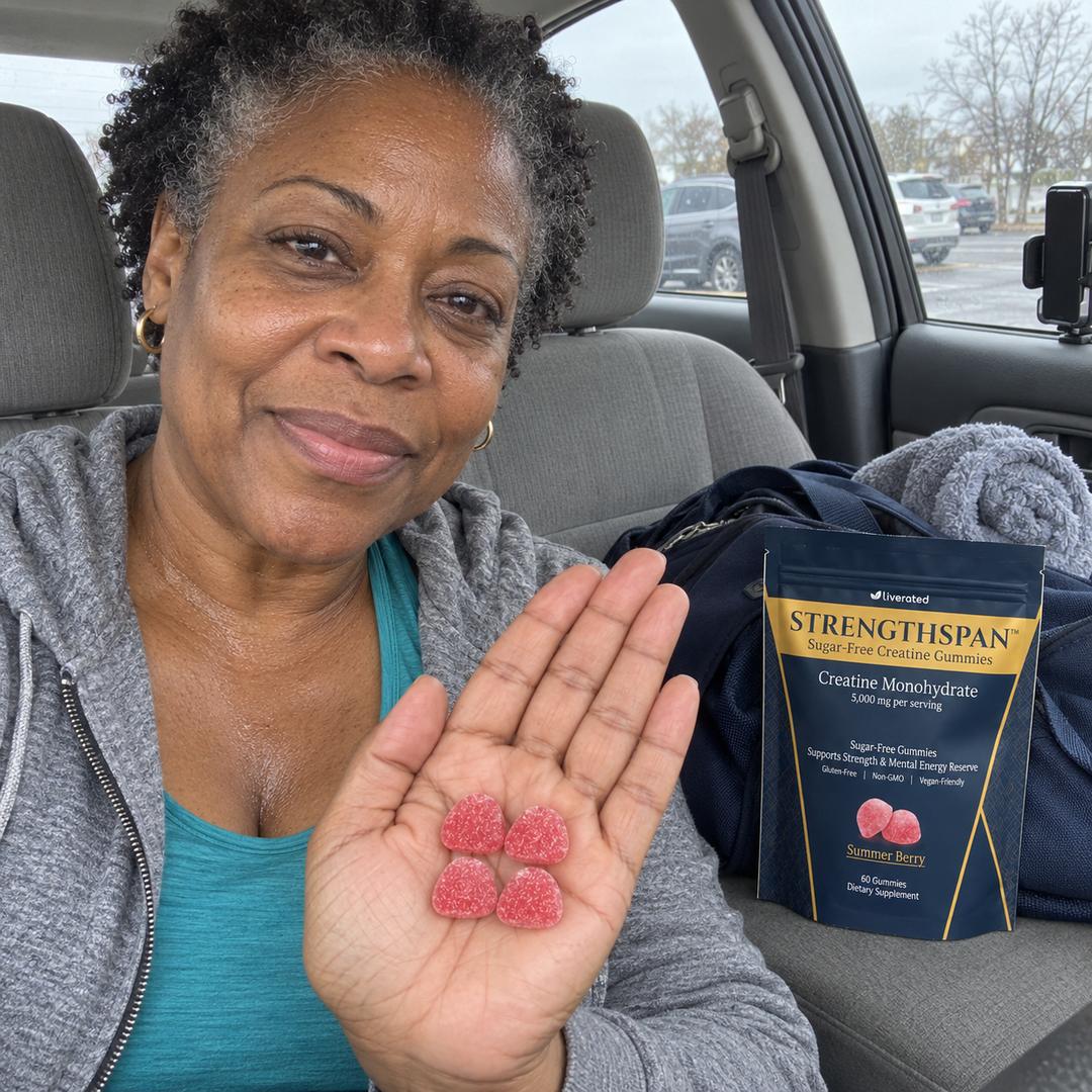 Photograph: a woman in a grey hoodie sitting in her car after a fitness class, 4 StrengthSpan gummies resting in her open palm