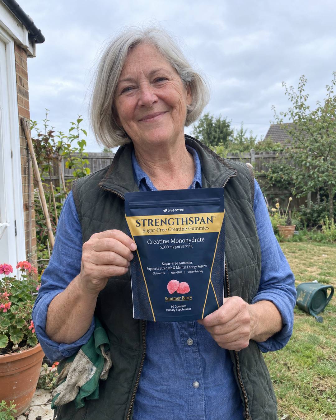 Photograph: a woman in a work shirt and gilet on the back step of a house, holding a StrengthSpan pouch in both hands