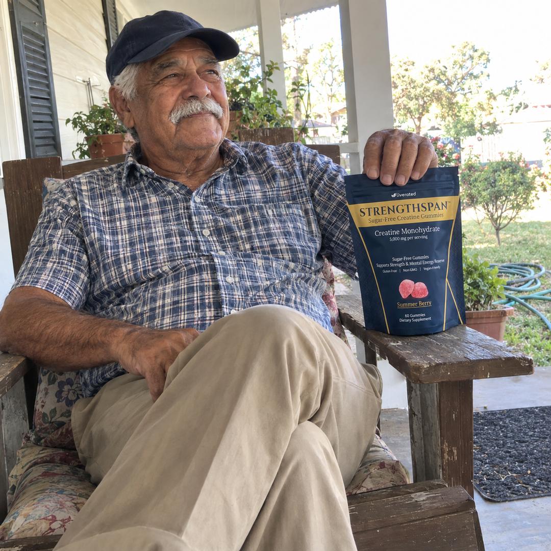 Photograph: a man in a baseball cap sitting back in a wooden porch chair, a StrengthSpan pouch standing on the arm of the chair