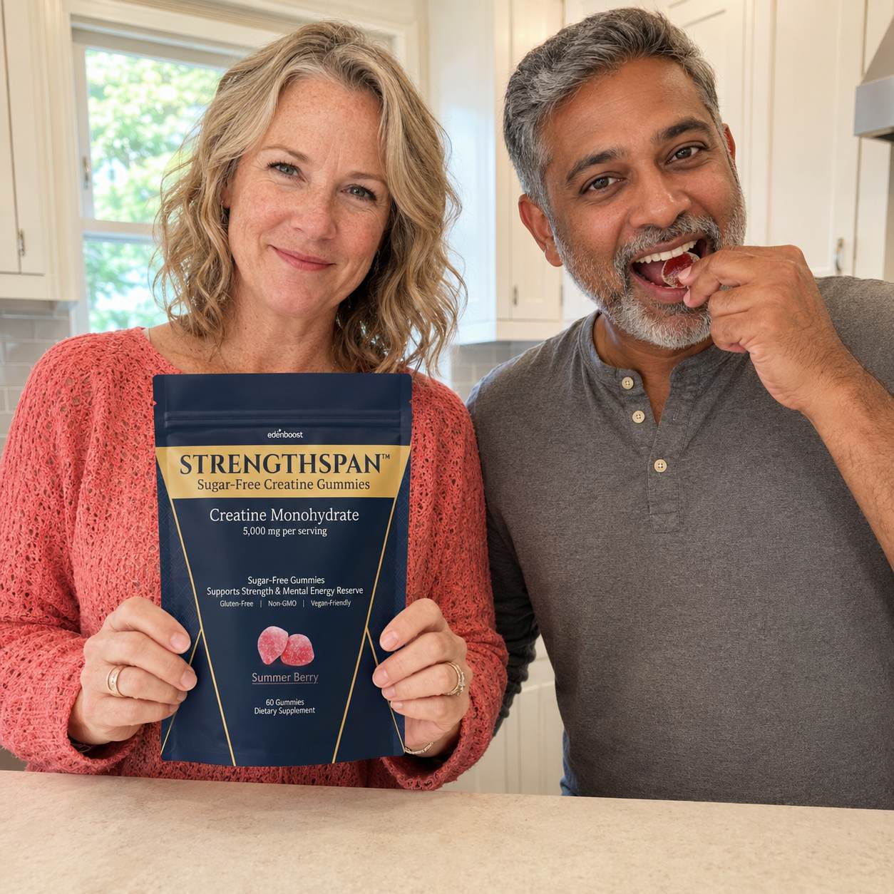 Couple aged 45 to 55 taking Strengthspan sugar-free creatine gummies