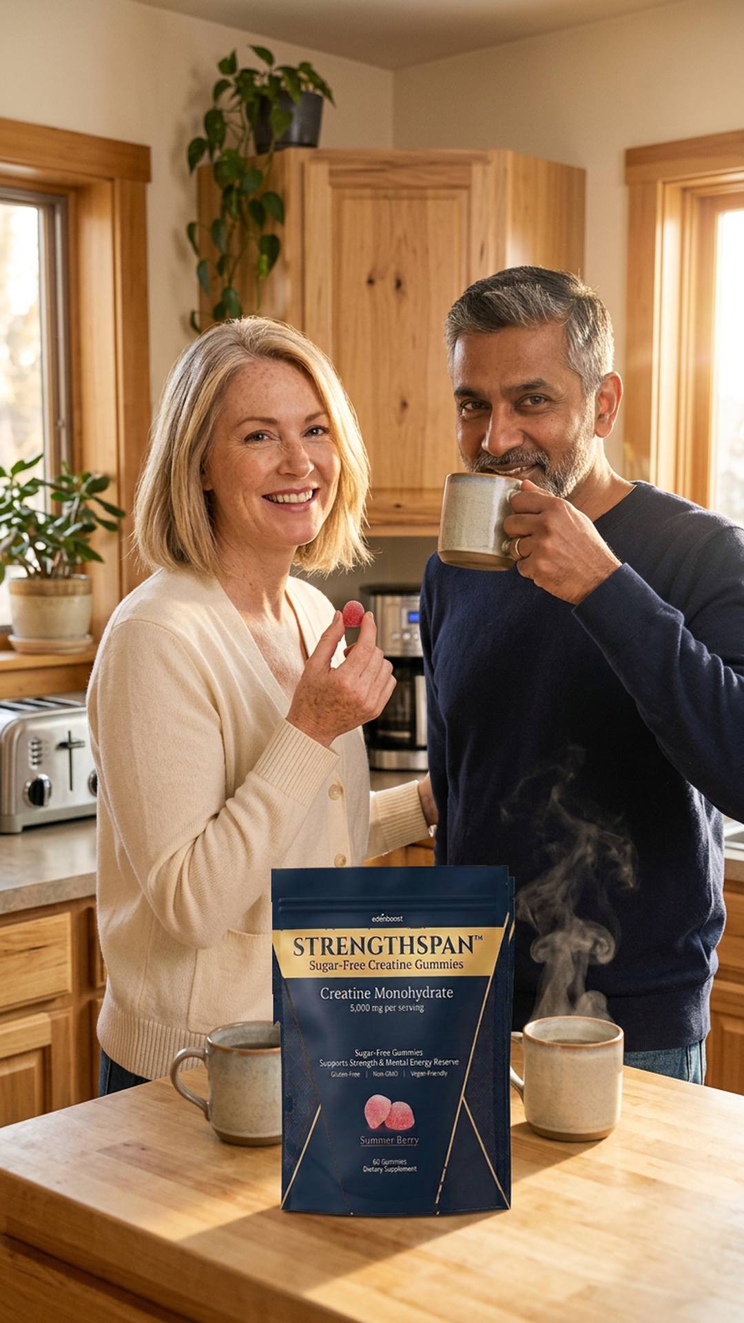 Adult 45 to 55 taking 4 Strengthspan sugar-free creatine gummies with morning coffee