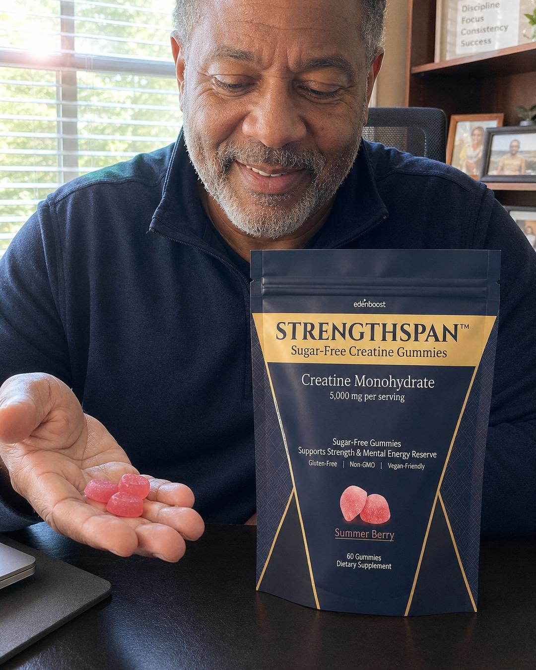 Bill, 58, at his office desk with his morning Strengthspan gummies