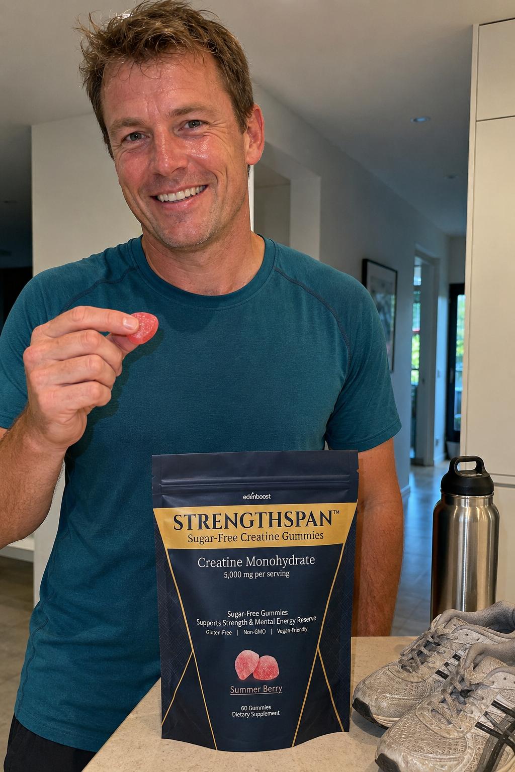 Marcus, 47, after a walk, holding his bag of Strengthspan gummies