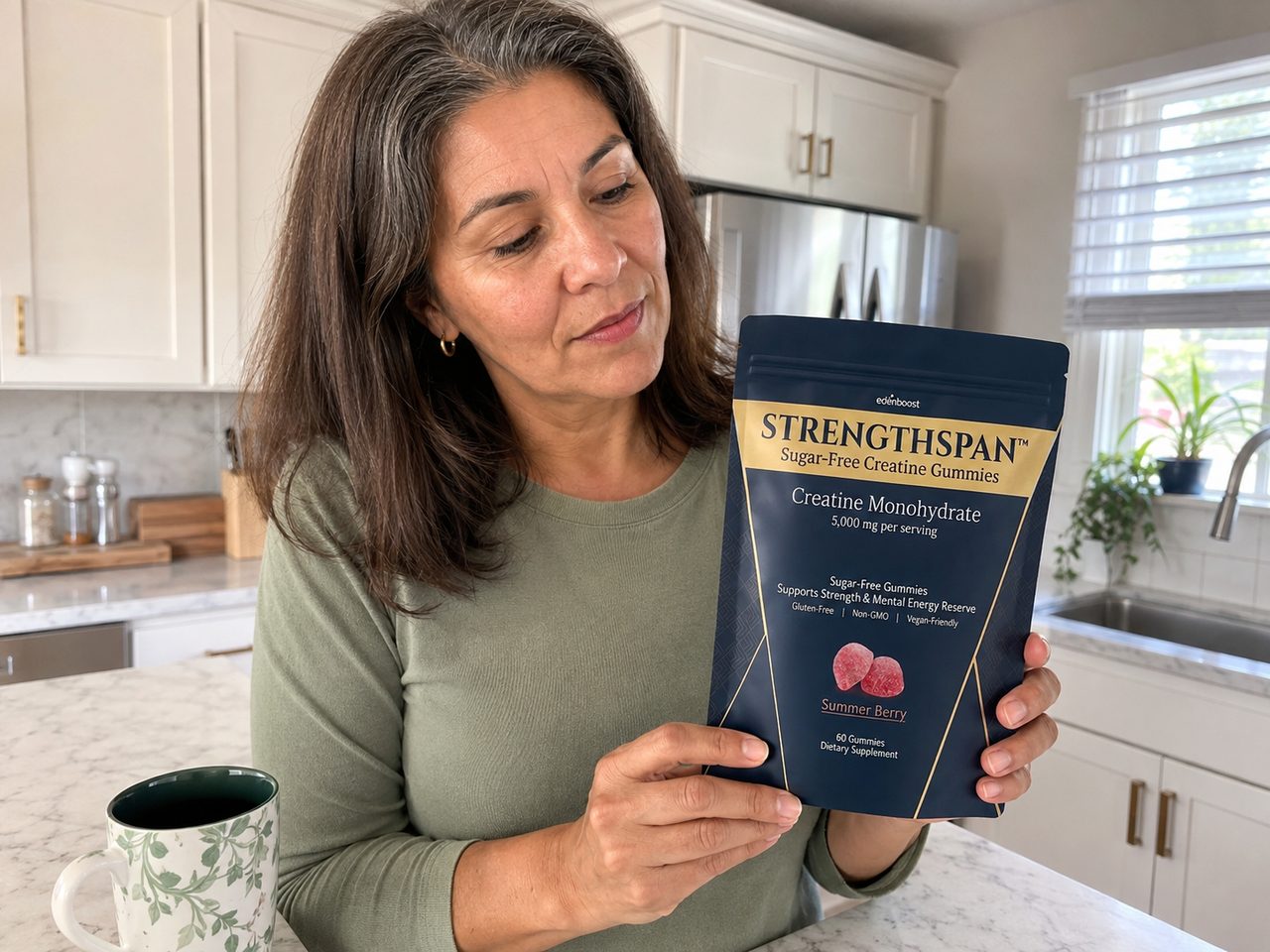 Woman in her early 60s taking Strengthspan creatine gummies in her garden