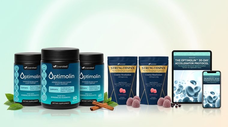 Three bottles of Optimolin with two bags of StrengthSpan and the 30-Day Accelerator Protocol