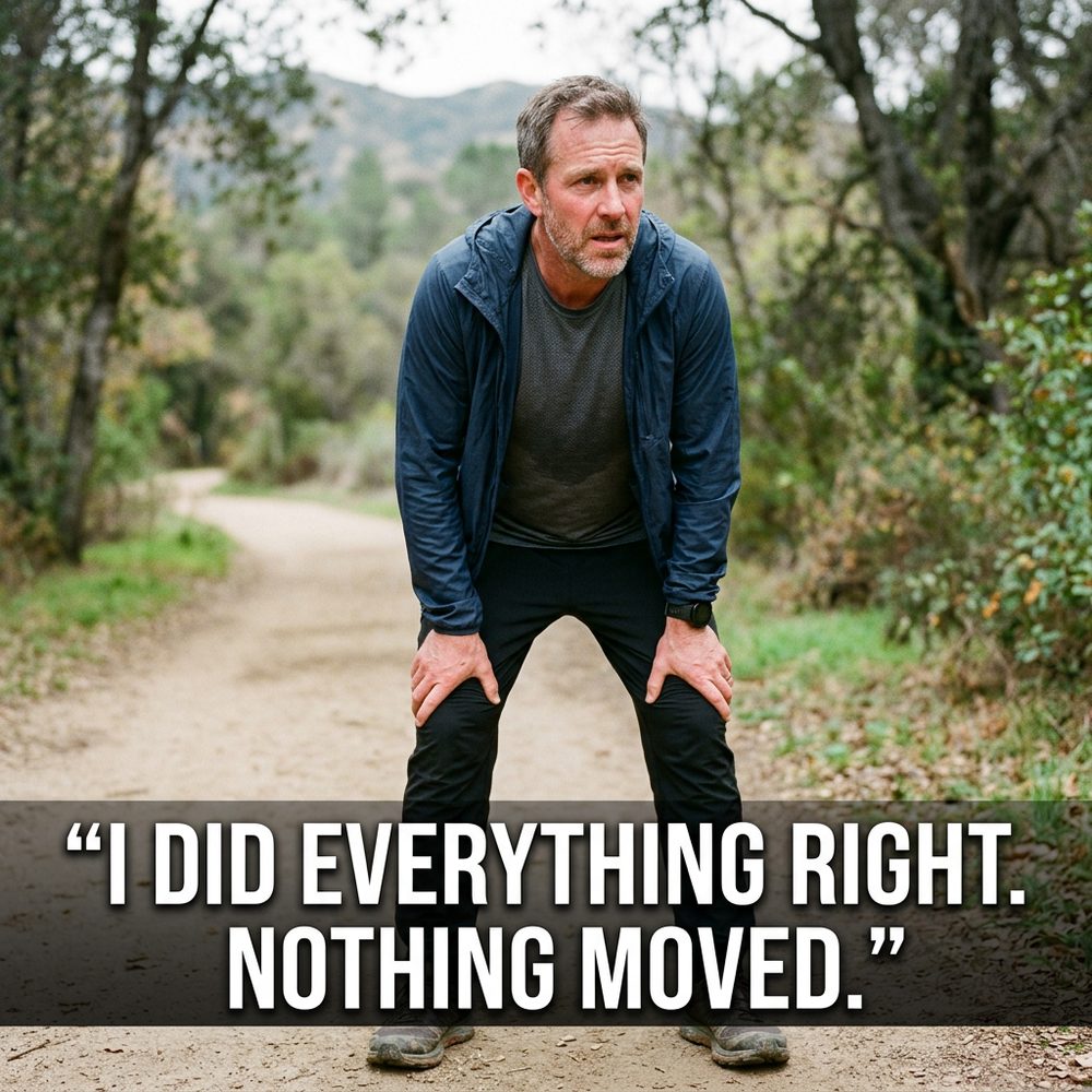 A man over 45 mid-effort, the work identical to his 30s but read differently by his body