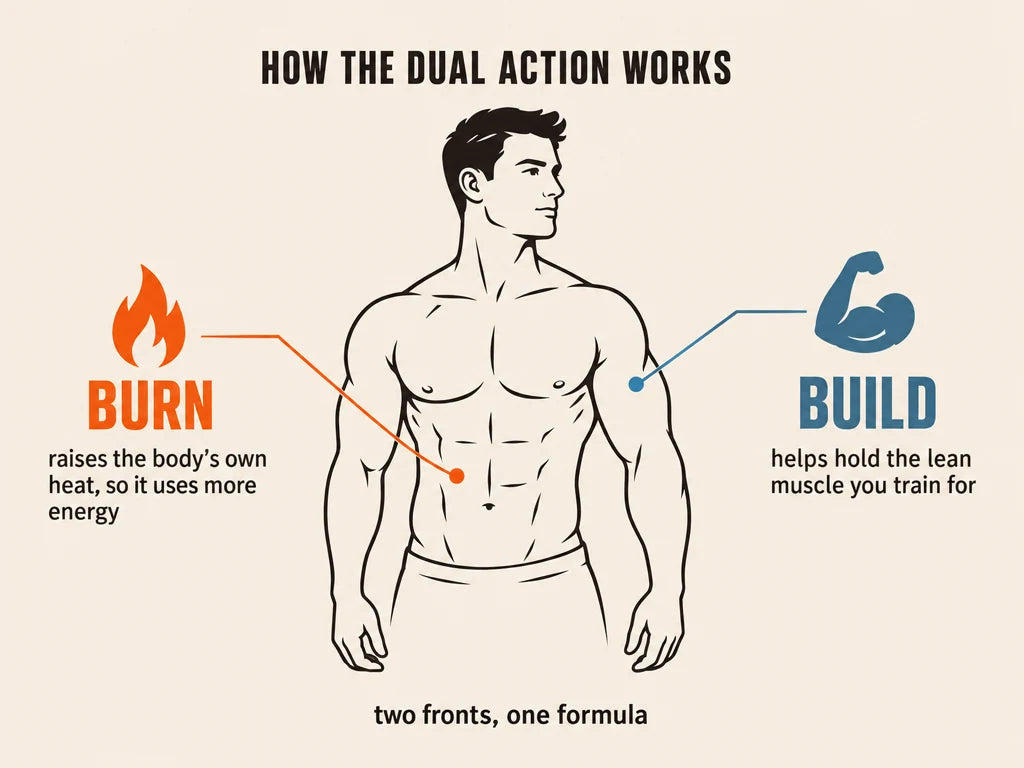 How the dual action works: burn raises the body's own heat, build helps hold the lean muscle you train for
