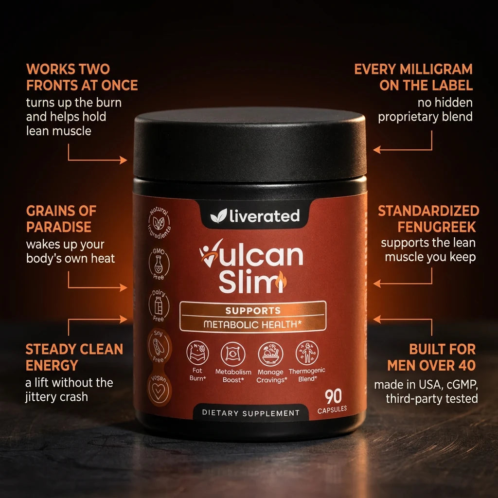 VulcanSlim: works two fronts at once, every milligram on the label, Grains of Paradise, standardized fenugreek, steady clean energy, built for men over 40